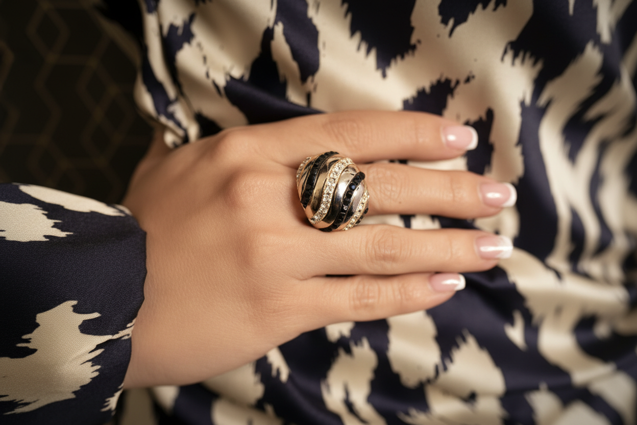 Anillo de acero inoxidable con circonitas negras y blancas